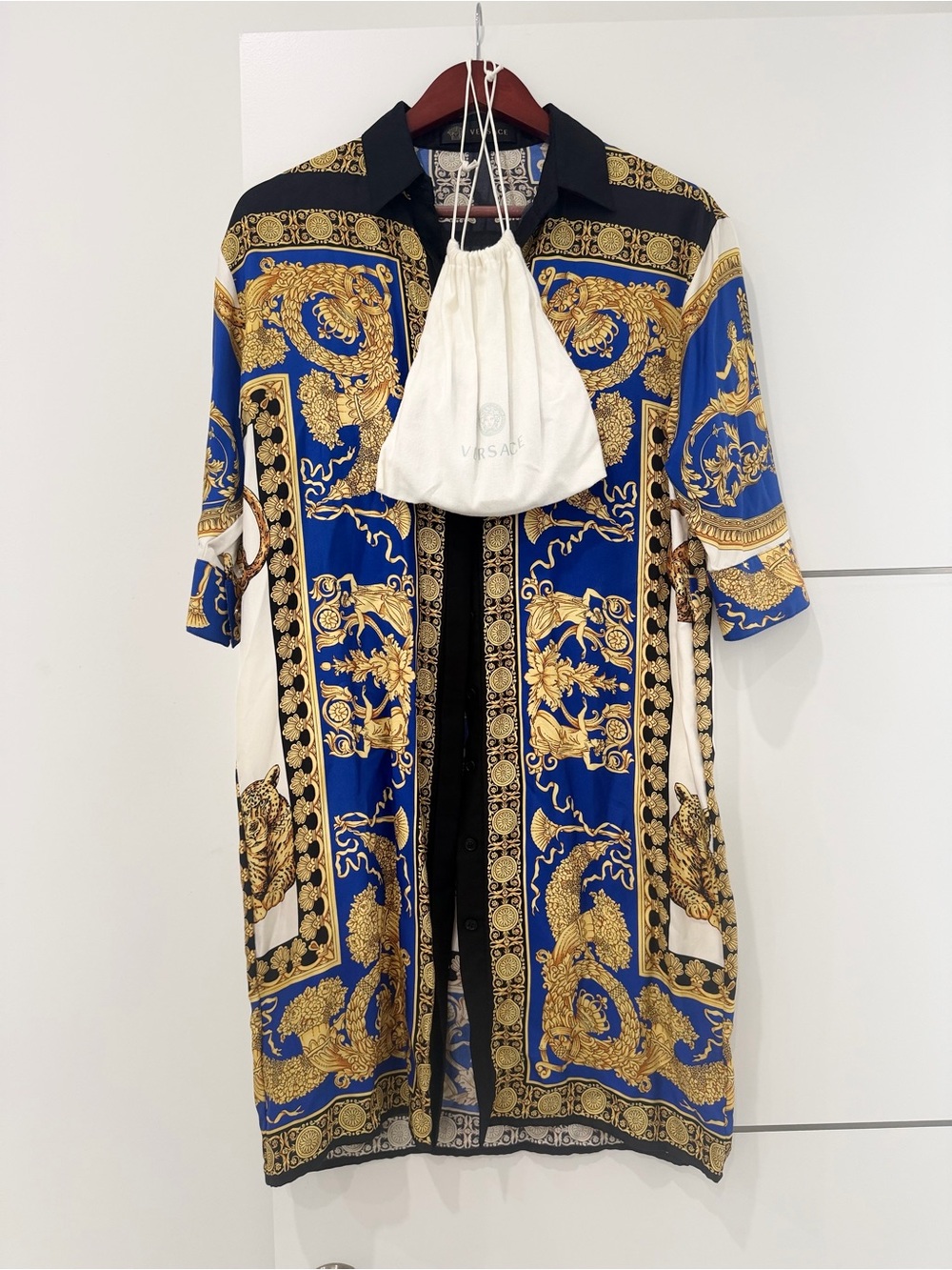 Used once Versace Blue, Gold & Ivory Baroque Silk Shirt Dress